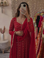 Yash Enterprise Mehrooni Red Faux Blooming Party Wear Embroidery Suit Set - Distacart