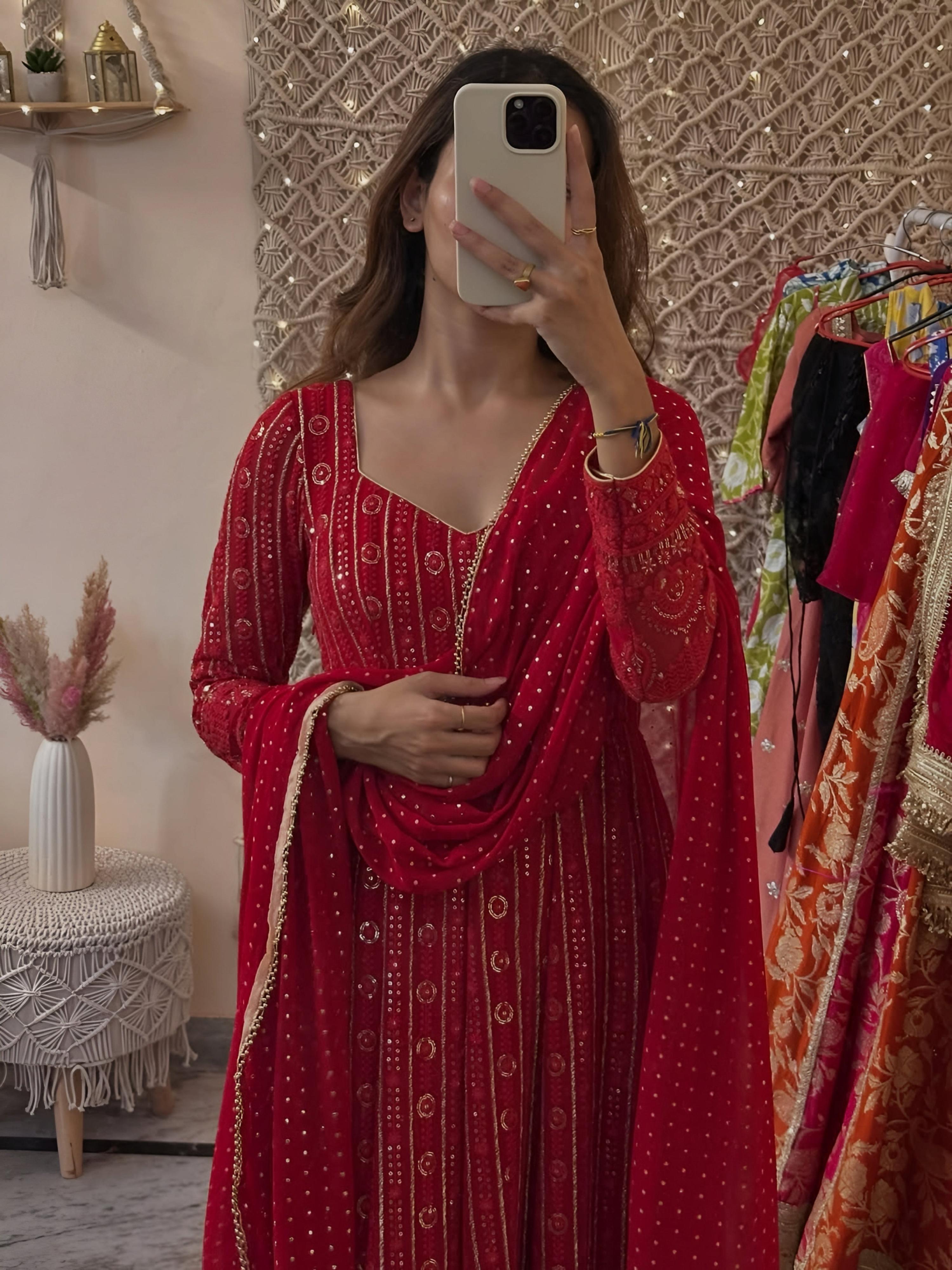 Yash Enterprise Mehrooni Red Faux Blooming Party Wear Embroidery Suit Set - Distacart
