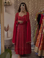 Yash Enterprise Mehrooni Red Faux Blooming Party Wear Embroidery Suit Set - Distacart