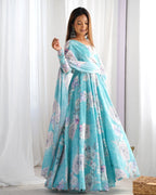 Evanik Skyblue Georgette Floral Print Fully Flair Gown Dupatta Ready To Wear - Distacart