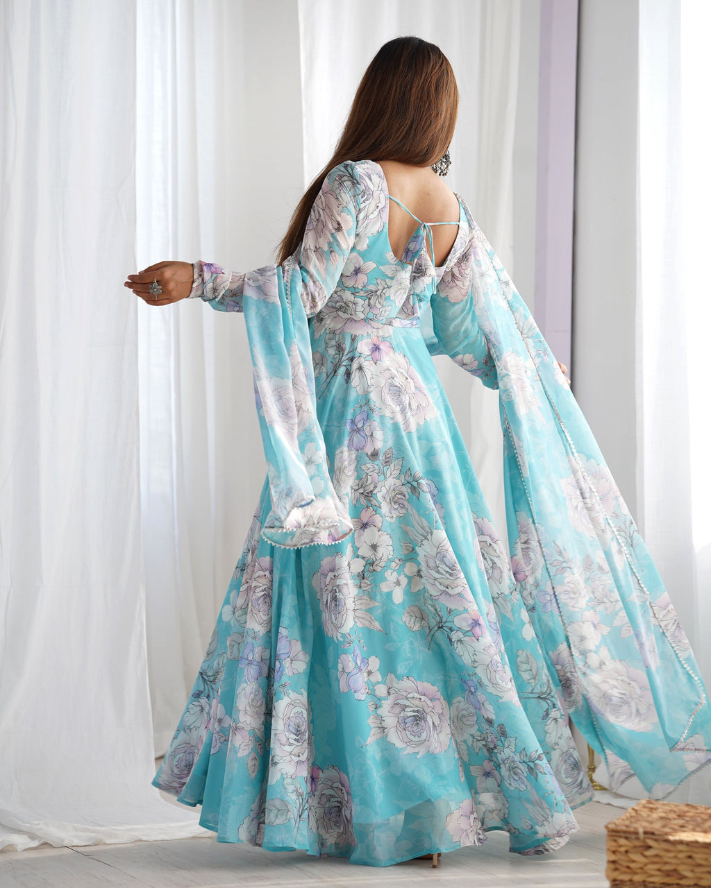 Evanik Skyblue Georgette Floral Print Fully Flair Gown Dupatta Ready To Wear - Distacart