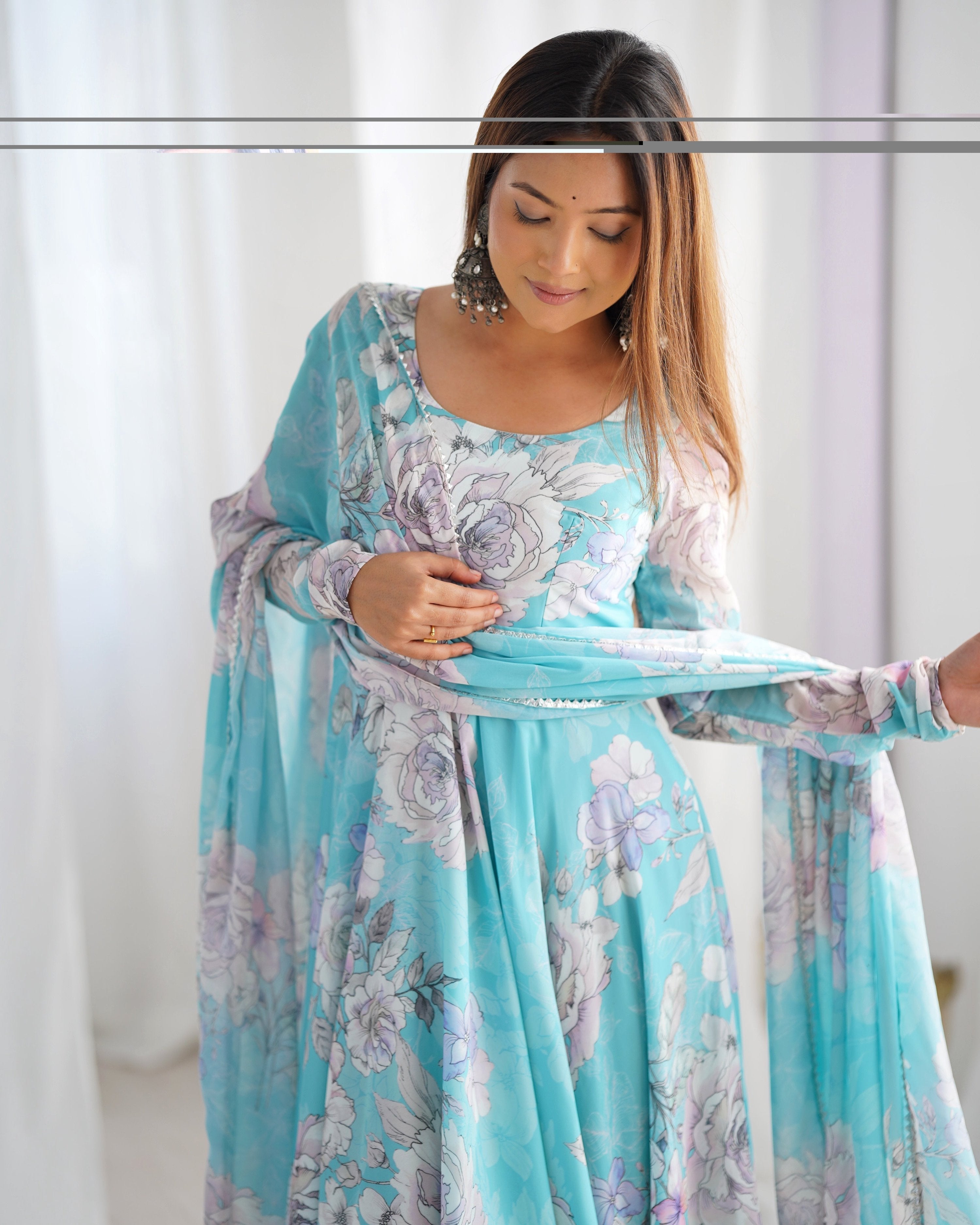 Evanik Skyblue Georgette Floral Print Fully Flair Gown Dupatta Ready To Wear - Distacart