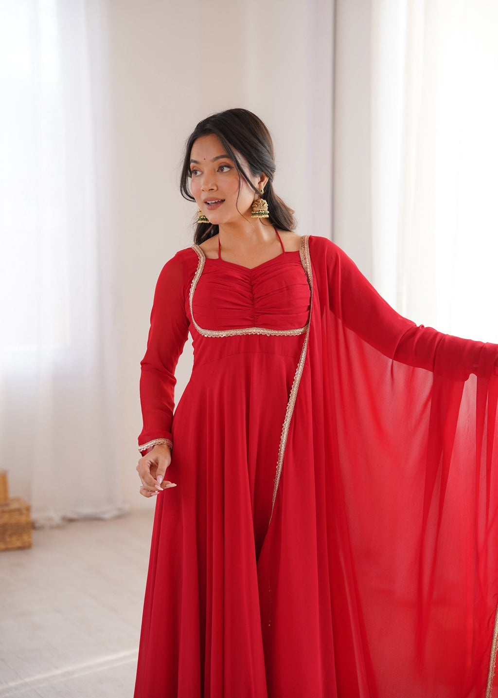 Evanik Red Georgette Plain Fully Flair Gown Dupatta - Distacart