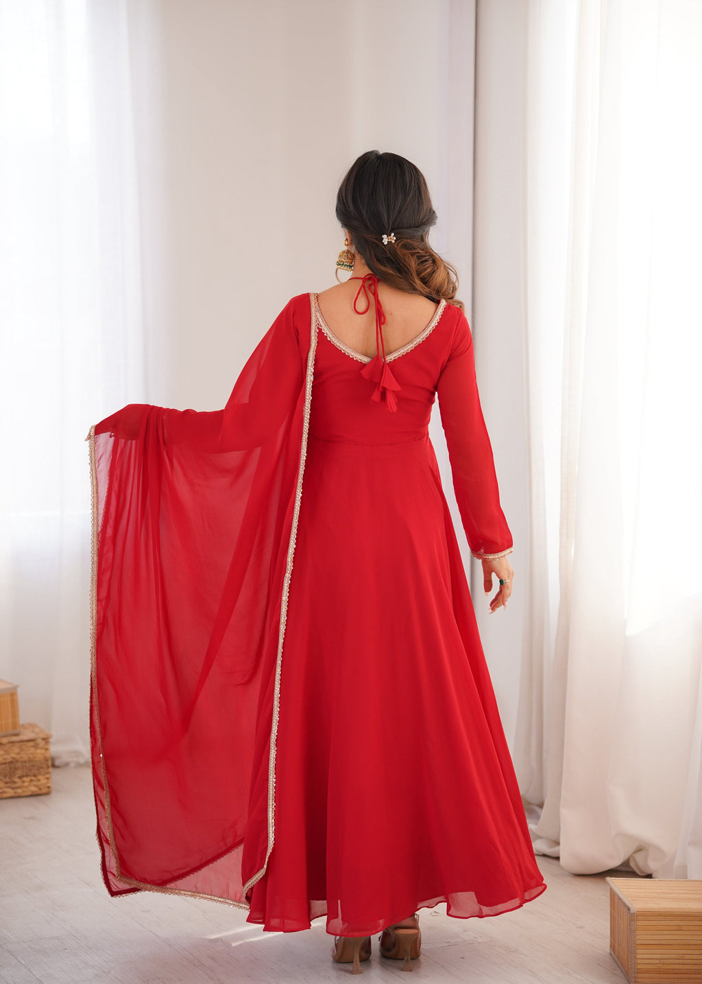 Evanik Red Georgette Plain Fully Flair Gown Dupatta - Distacart