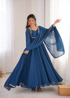 Evanik Teal Georgette Plain Fully Flair Gown Dupatta - Distacart