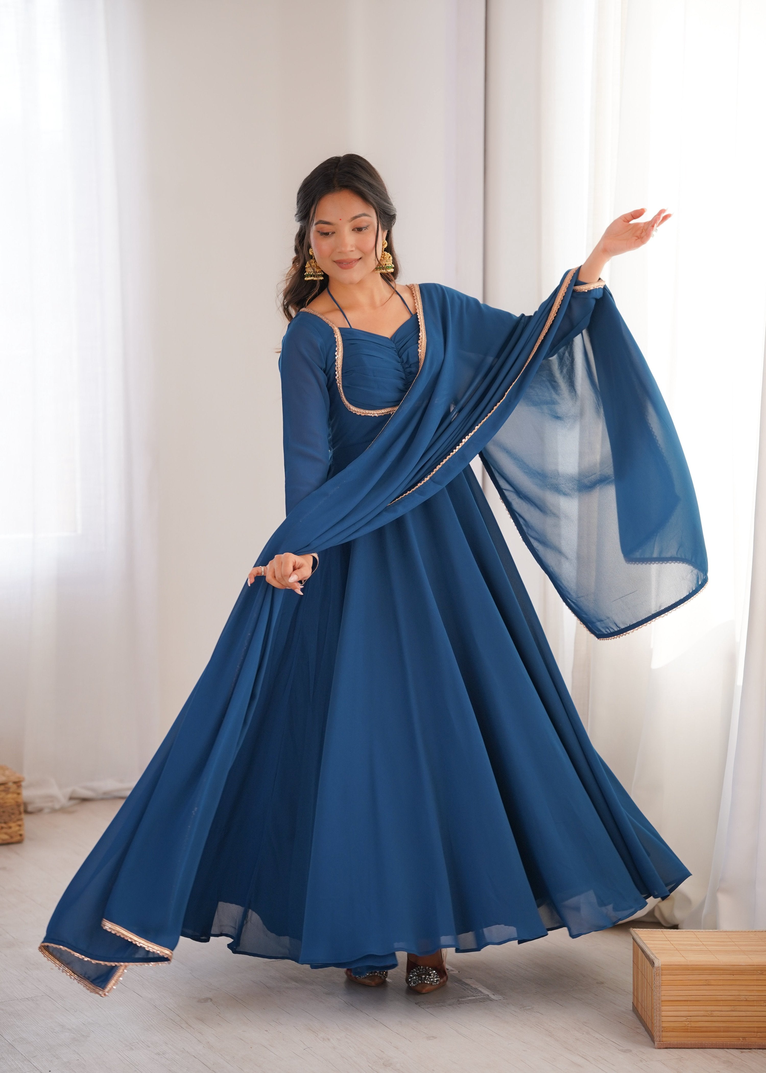Evanik Teal Georgette Plain Fully Flair Gown Dupatta - Distacart