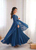 Evanik Teal Georgette Plain Fully Flair Gown Dupatta - Distacart