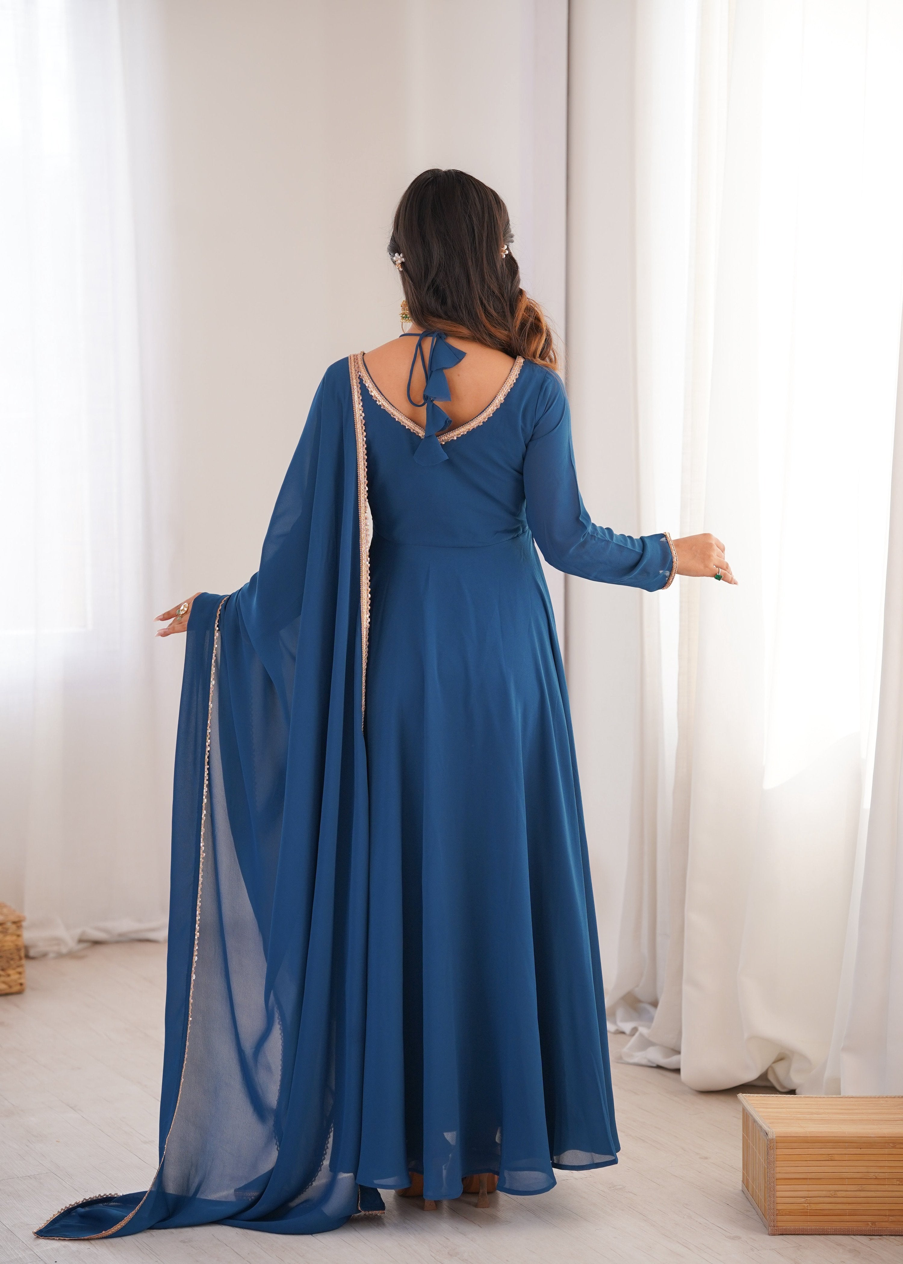 Evanik Teal Georgette Plain Fully Flair Gown Dupatta - Distacart