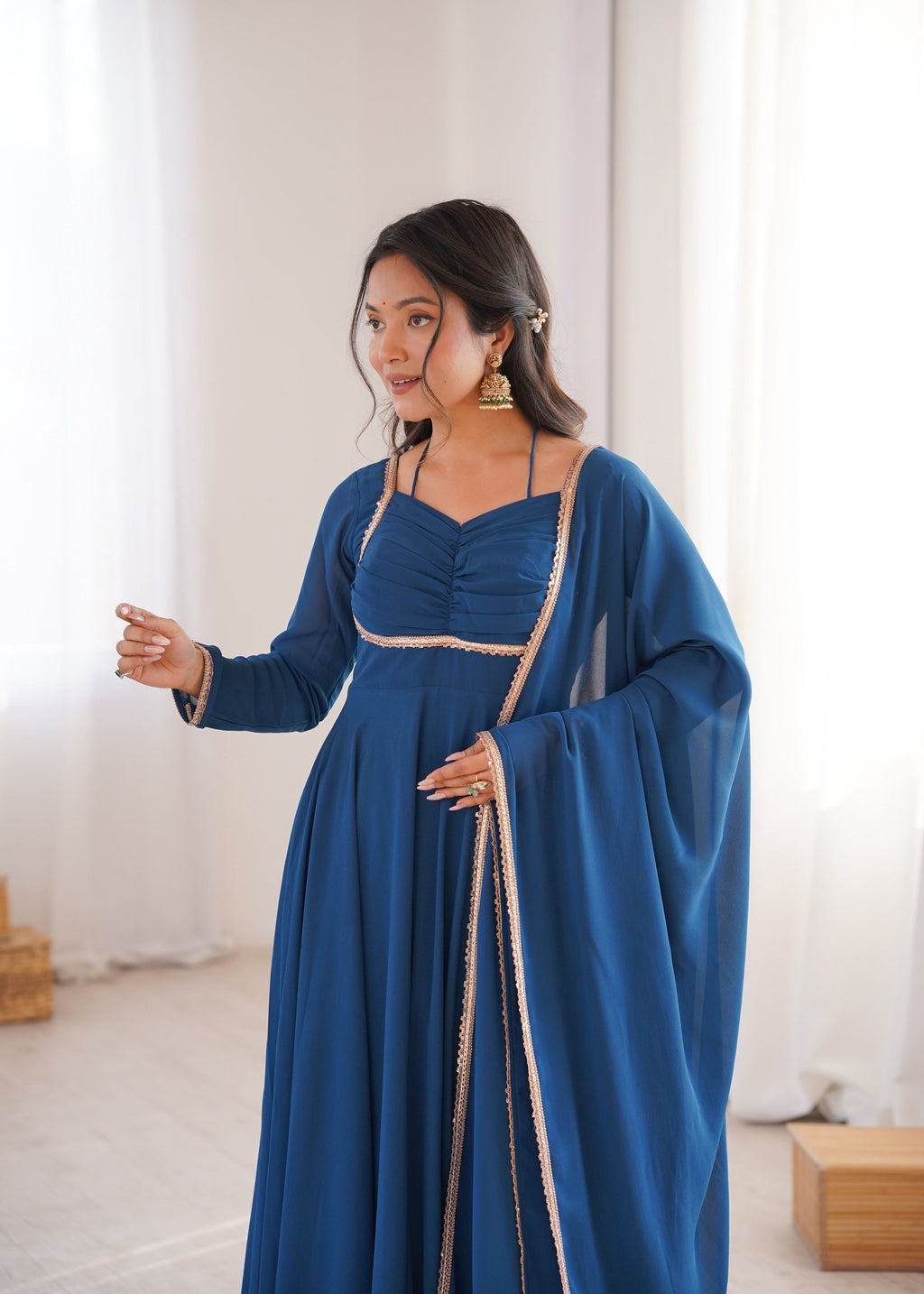 Evanik Teal Georgette Plain Fully Flair Gown Dupatta - Distacart