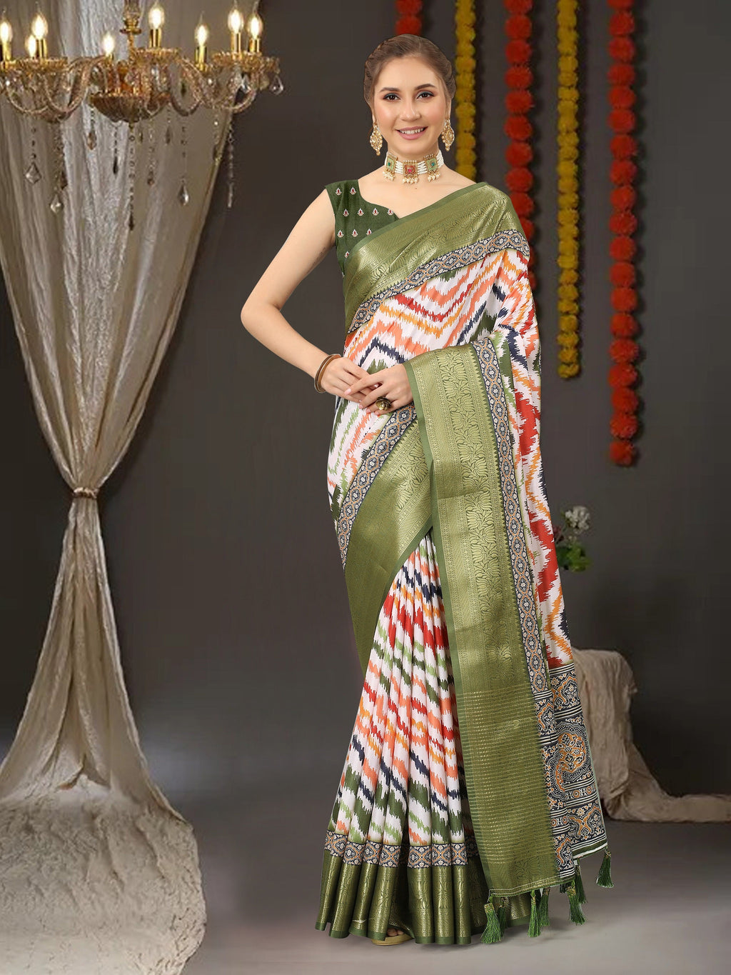 Vedant Vastram Mehndi Color Kanjeevaram Silk Saree - Mehndi