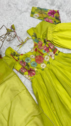 Lorenvalley Fashion Parrot Soft Organza Silk With Floral Print Fully Flared Anarkali Pant With Dupatta Set - Green