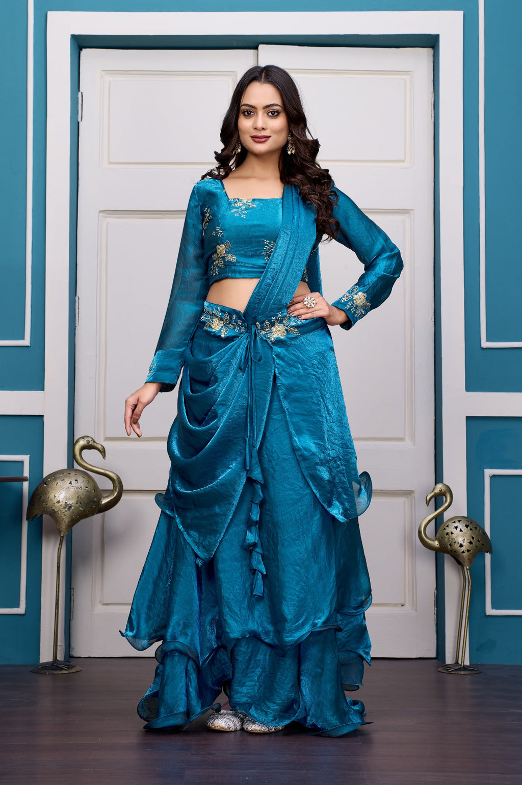 Yash Enterprise Rama Green Vichitra Silk Party Wear Embroidery Crop Top With Blouse Lehenga Choli - Distacart
