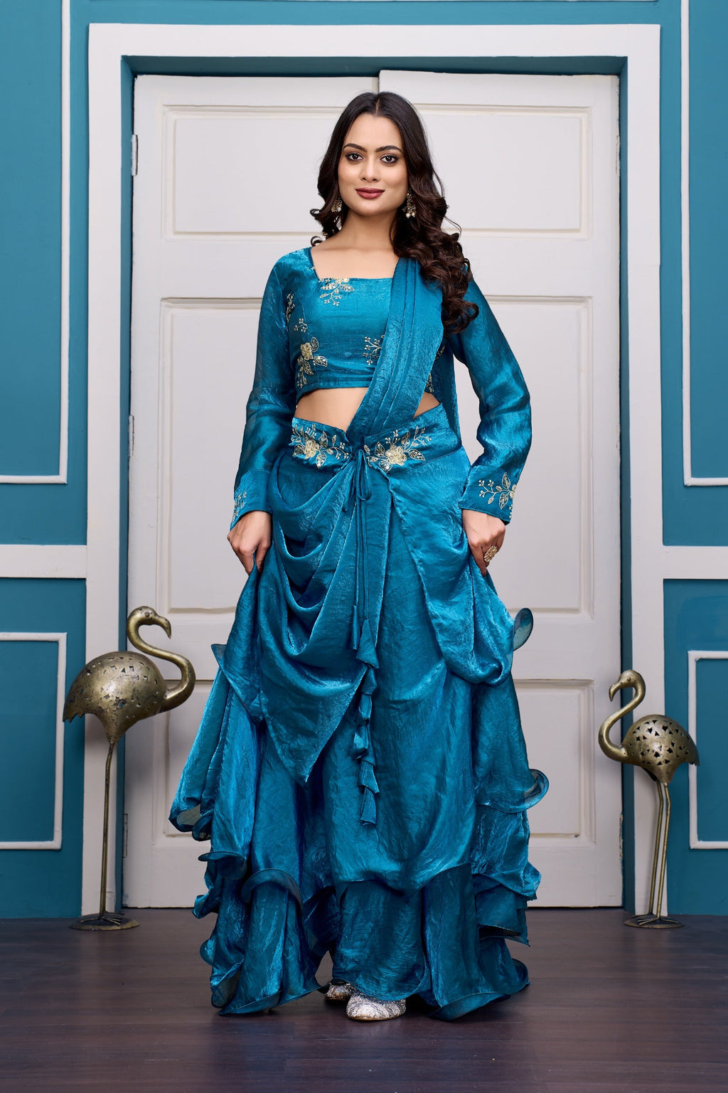 Yash Enterprise Rama Green Vichitra Silk Party Wear Embroidery Crop Top With Blouse Lehenga Choli - Distacart