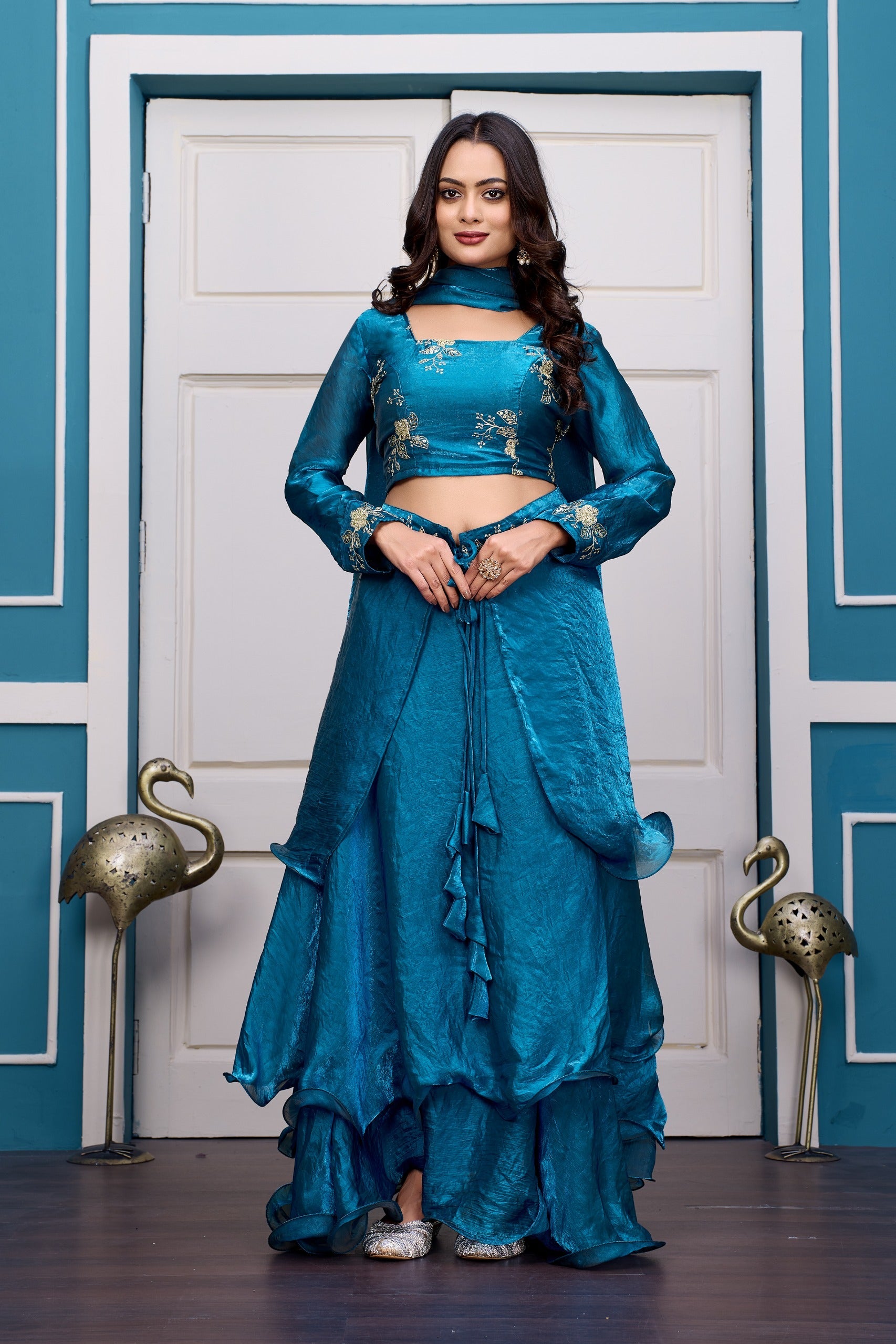 Yash Enterprise Rama Green Vichitra Silk Party Wear Embroidery Crop Top With Blouse Lehenga Choli - Distacart