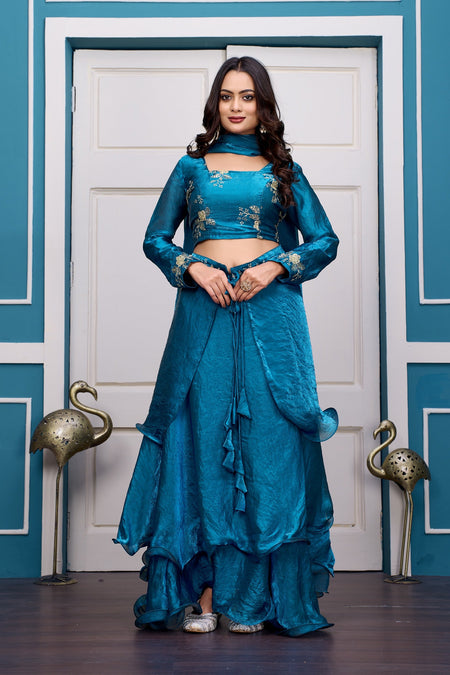 Yash Enterprise Rama Green Vichitra Silk Party Wear Embroidery Crop Top With Blouse Lehenga Choli