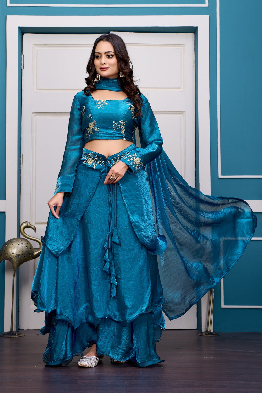 Yash Enterprise Rama Green Vichitra Silk Party Wear Embroidery Crop Top With Blouse Lehenga Choli - Distacart