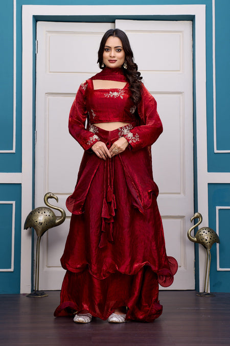 Yash Enterprise Maroon Vichitra Silk Party Wear Embroidery Crop Top With Blouse Lehenga Choli