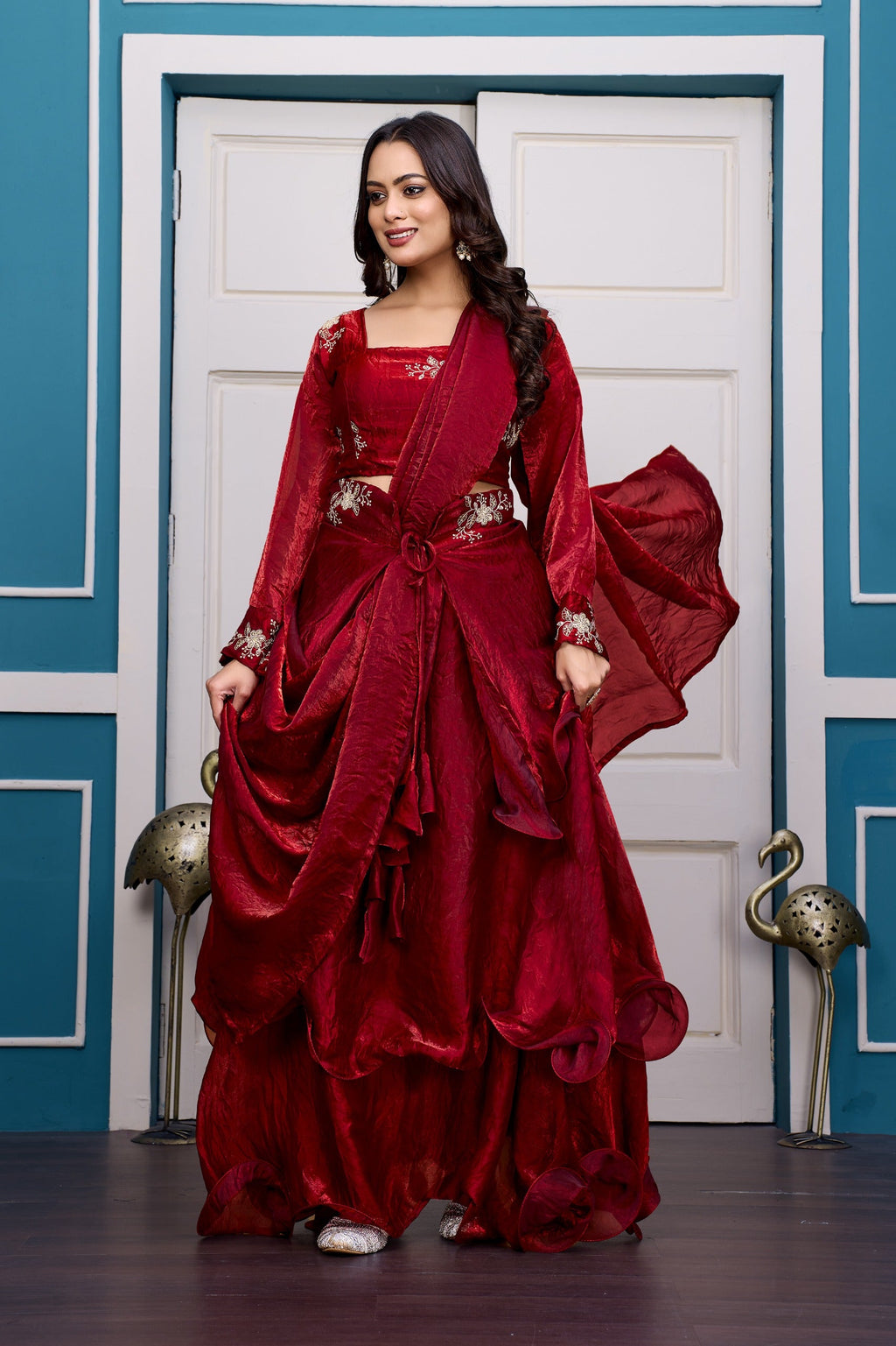 Yash Enterprise Maroon Vichitra Silk Party Wear Embroidery Crop Top With Blouse Lehenga Choli - Distacart