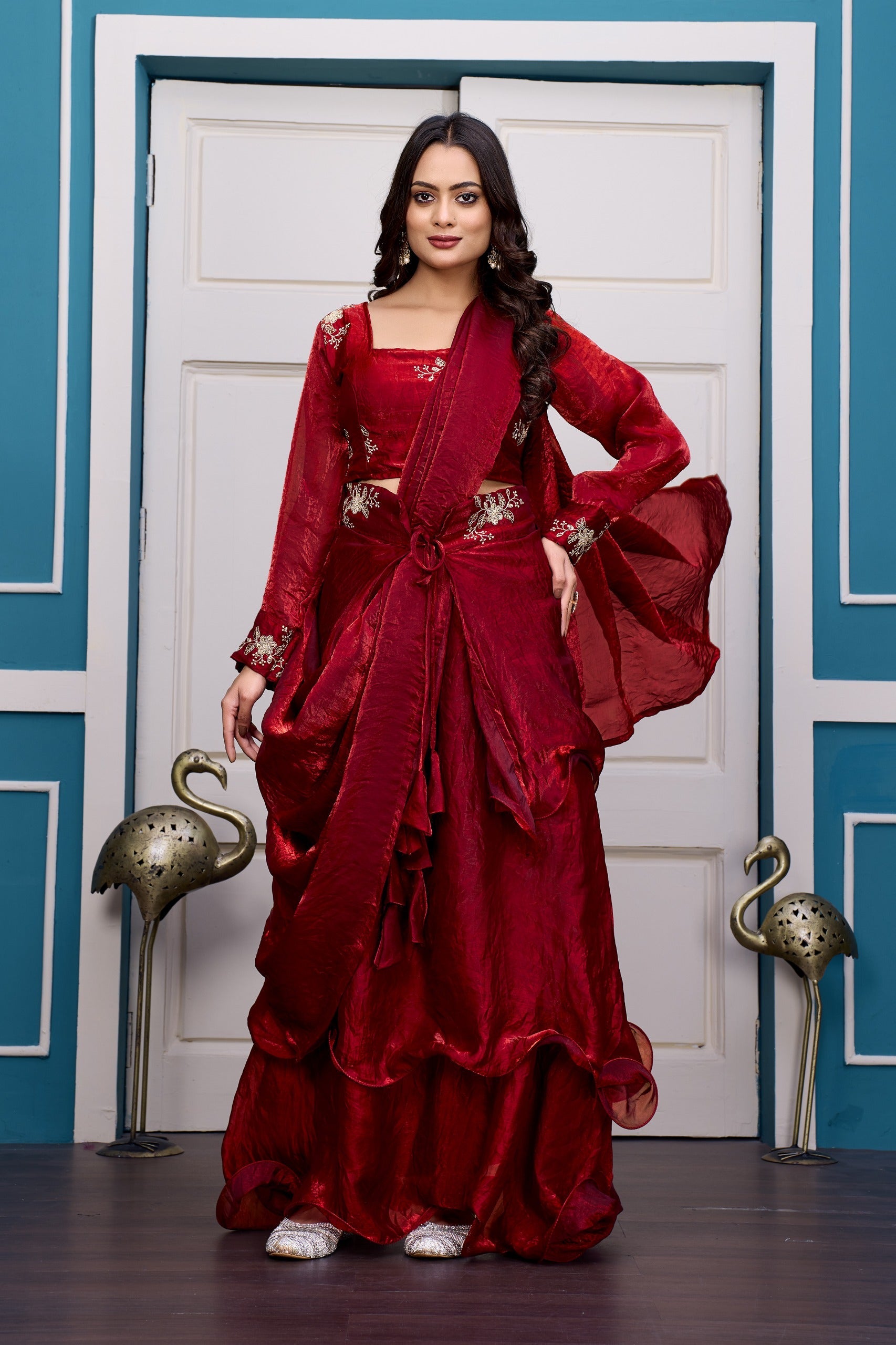 Yash Enterprise Maroon Vichitra Silk Party Wear Embroidery Crop Top With Blouse Lehenga Choli - Distacart