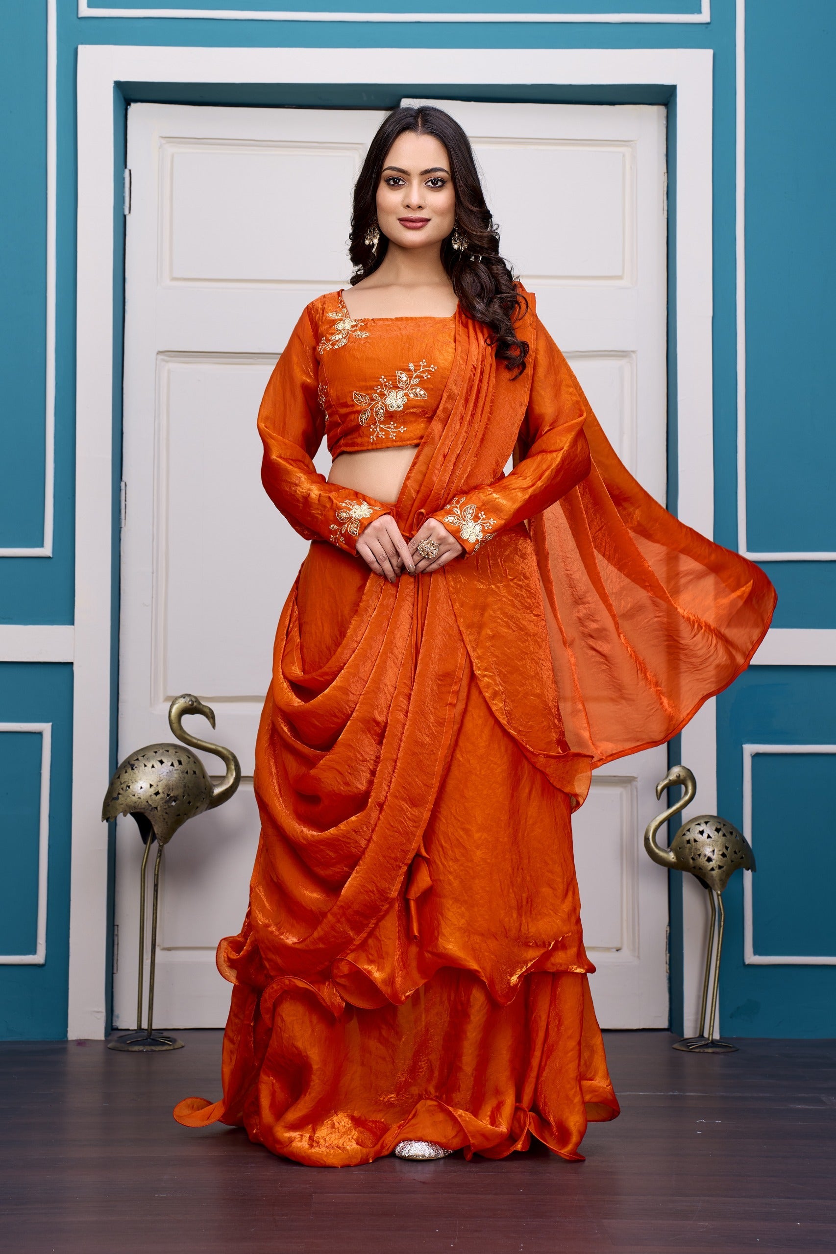 Yash Enterprise Orange Vichitra Silk Party Wear Embroidery Crop Top With Blouse Lehenga Choli - Distacart