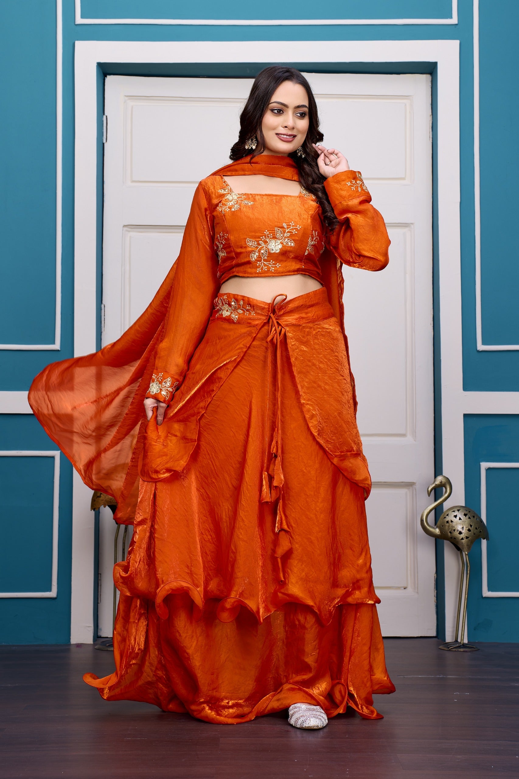 Yash Enterprise Orange Vichitra Silk Party Wear Embroidery Crop Top With Blouse Lehenga Choli - Distacart
