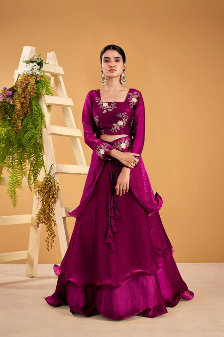 Yash Enterprise Wine Vichitra Silk Party Wear Embroidery Crop Top With Blouse Lehenga Choli