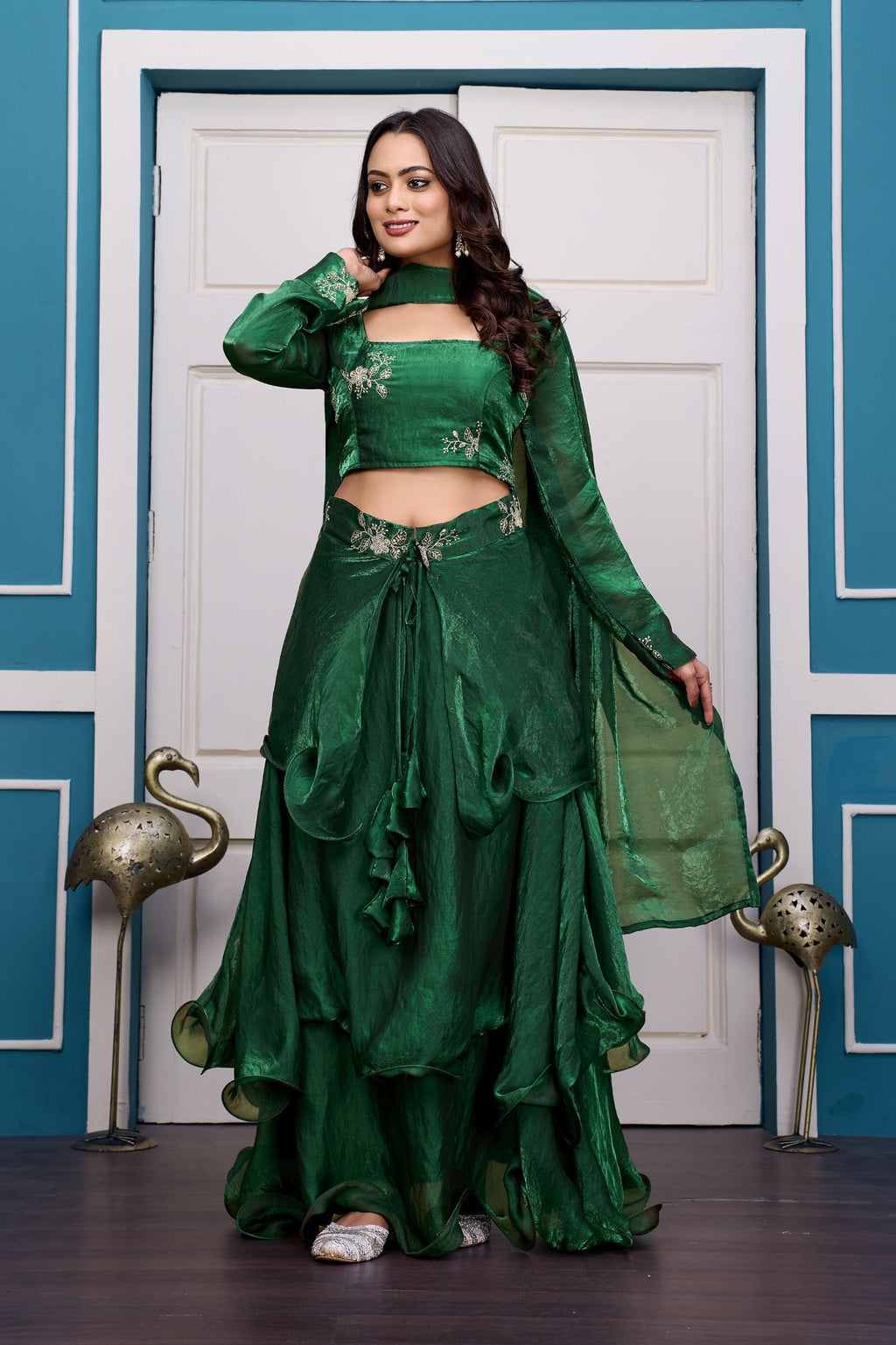 Yash Enterprise Rama Green Vichitra Silk Party Wear Embroidery Crop Top With Blouse Lehenga Choli - Distacart