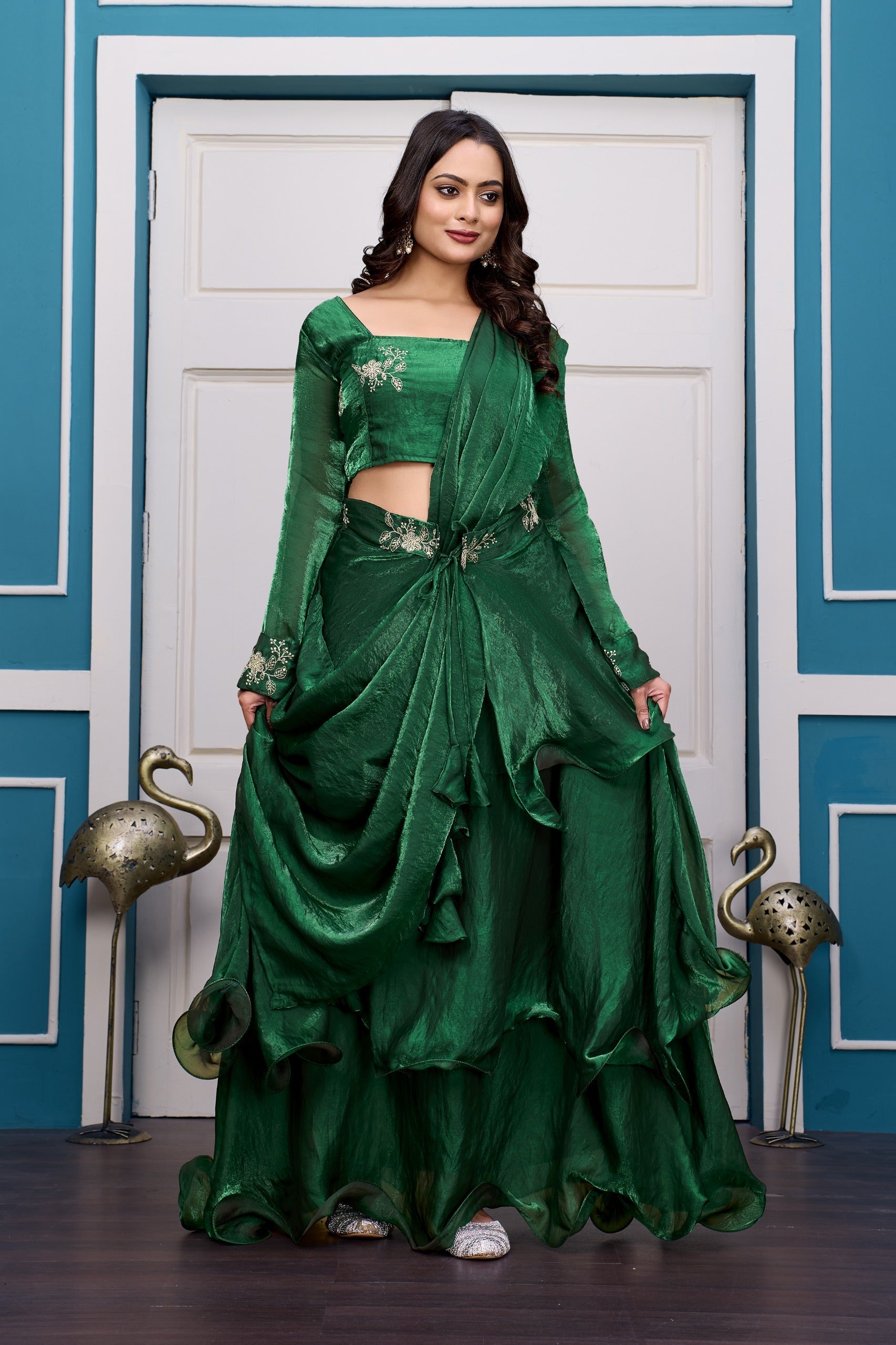 Yash Enterprise Rama Green Vichitra Silk Party Wear Embroidery Crop Top With Blouse Lehenga Choli - Distacart