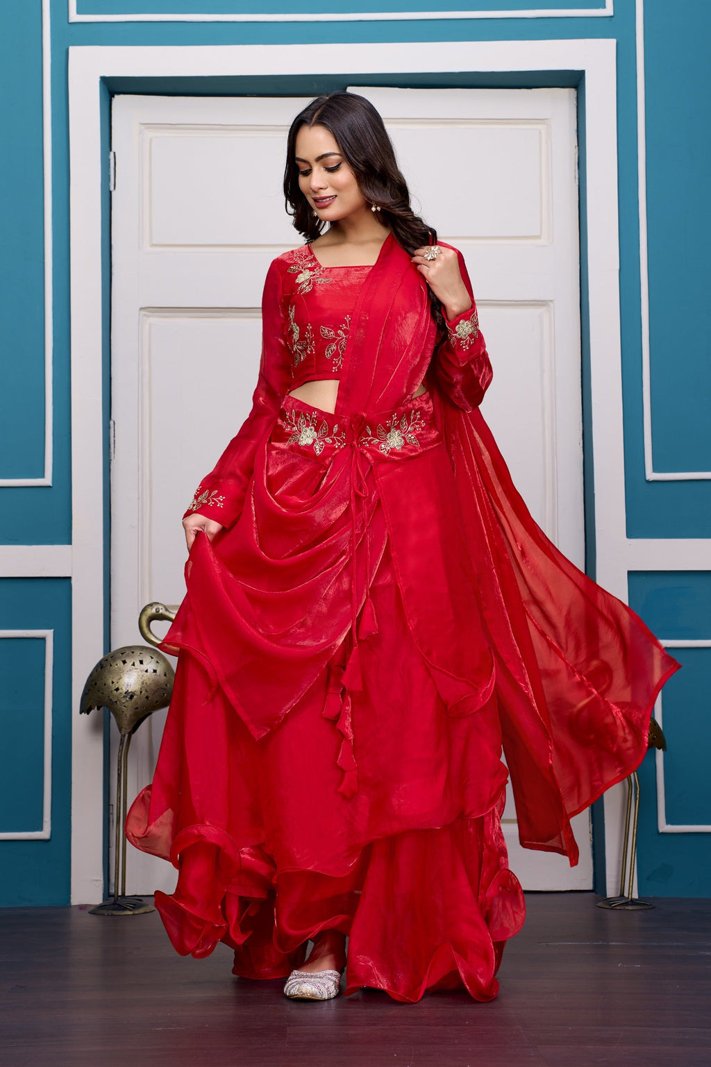 Yash Enterprise Red Vichitra Silk Party Wear Embroidery Crop Top With Blouse Lehenga Choli - Distacart