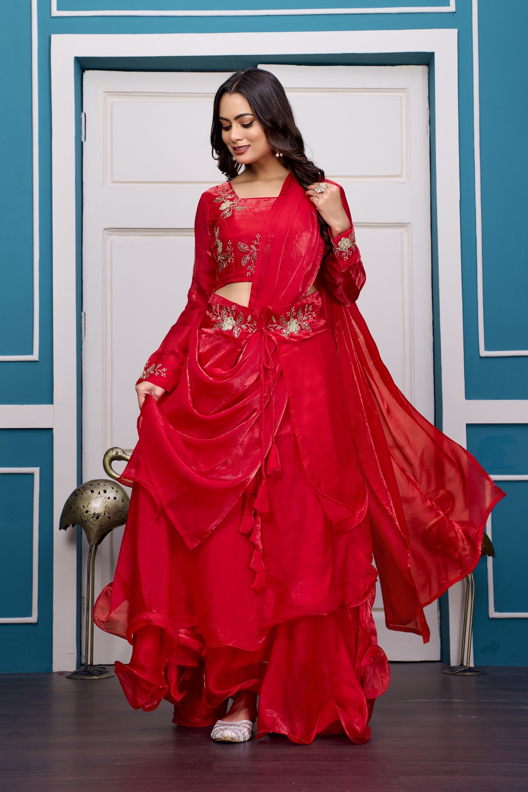 Yash Enterprise Red Vichitra Silk Party Wear Embroidery Crop Top With Blouse Lehenga Choli - Distacart