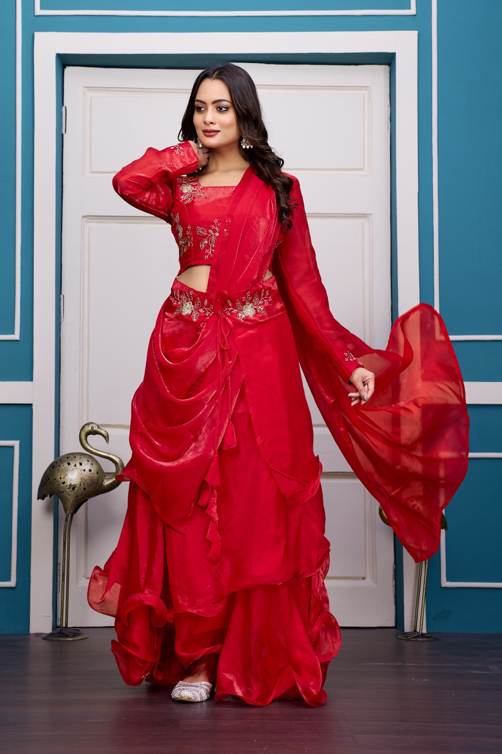 Yash Enterprise Red Vichitra Silk Party Wear Embroidery Crop Top With Blouse Lehenga Choli - Distacart
