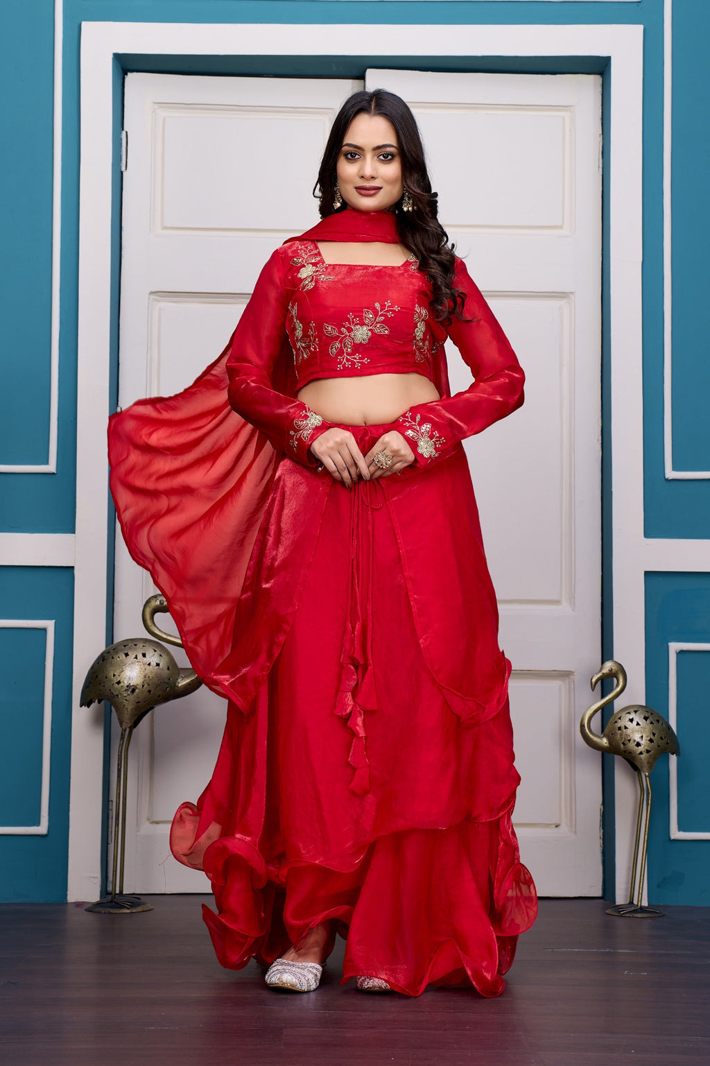 Yash Enterprise Red Vichitra Silk Party Wear Embroidery Crop Top With Blouse Lehenga Choli - Distacart