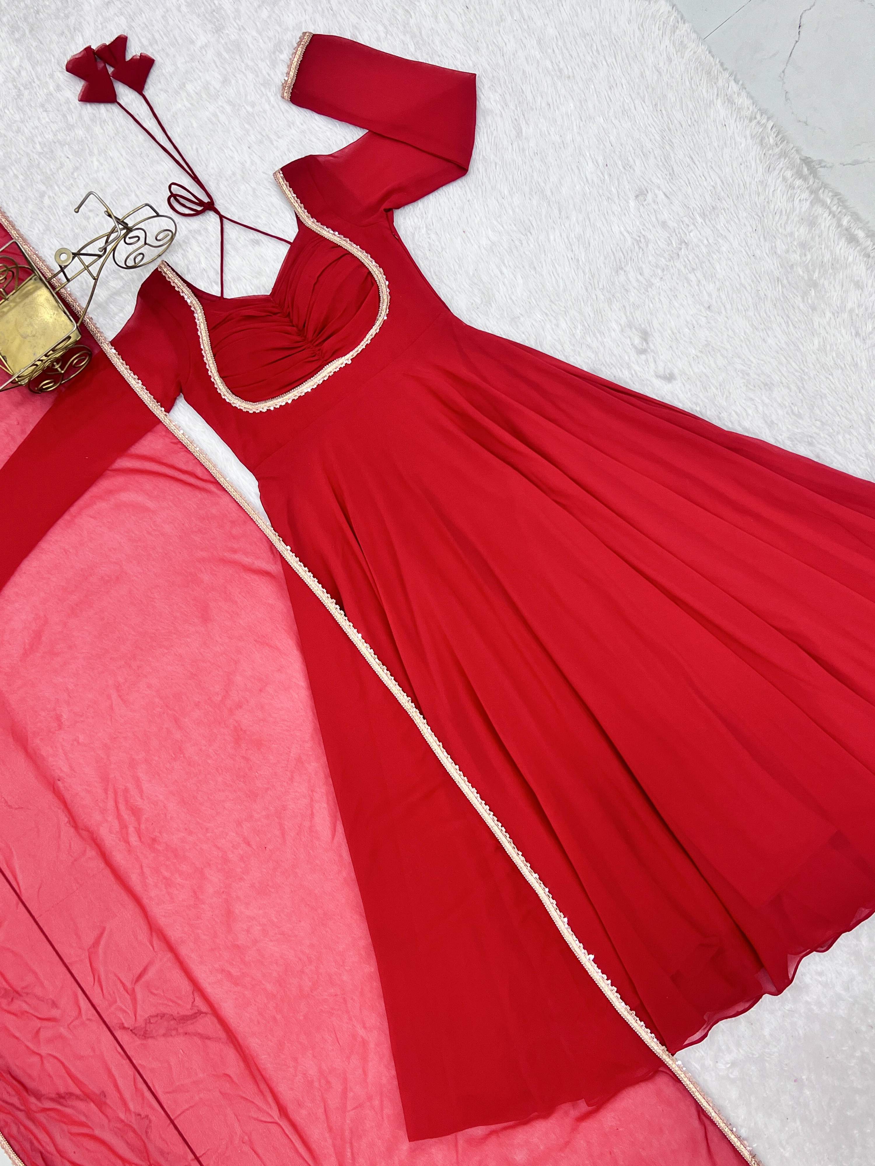 Evanik Red Georgette Plain Fully Flair Gown Dupatta - Distacart
