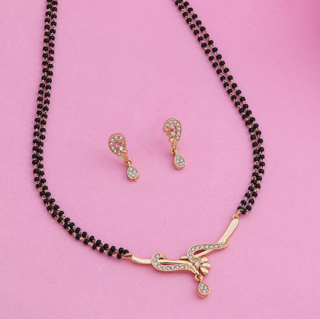 Estele Gold-Polished Twine Braid Mangalsutra Necklace Set with White Austrian Crystals for Women