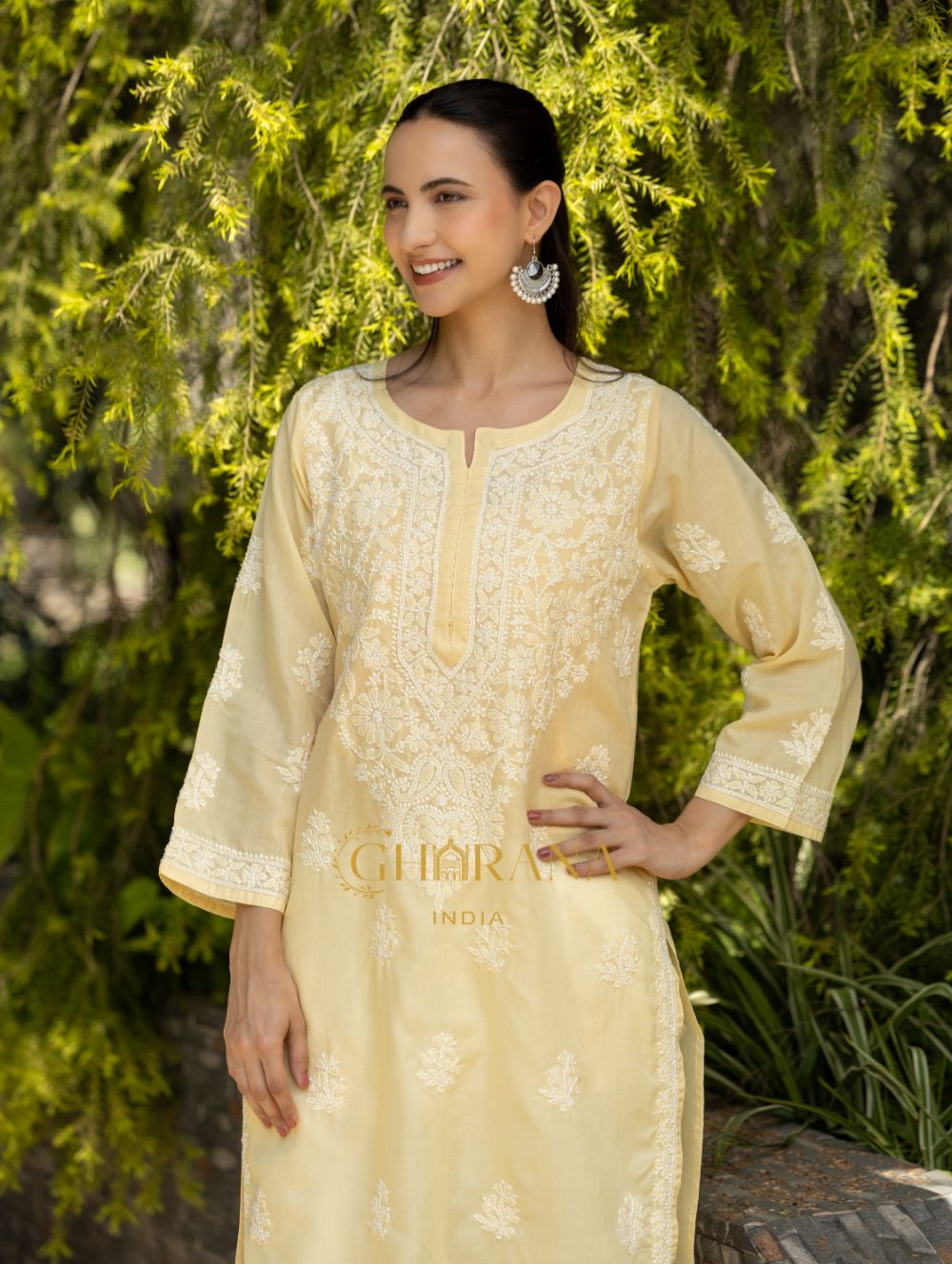Gharana India Sahiba Chikankari Pastel Yellow Cotton Kurta With Bakhiya Work - Distacart