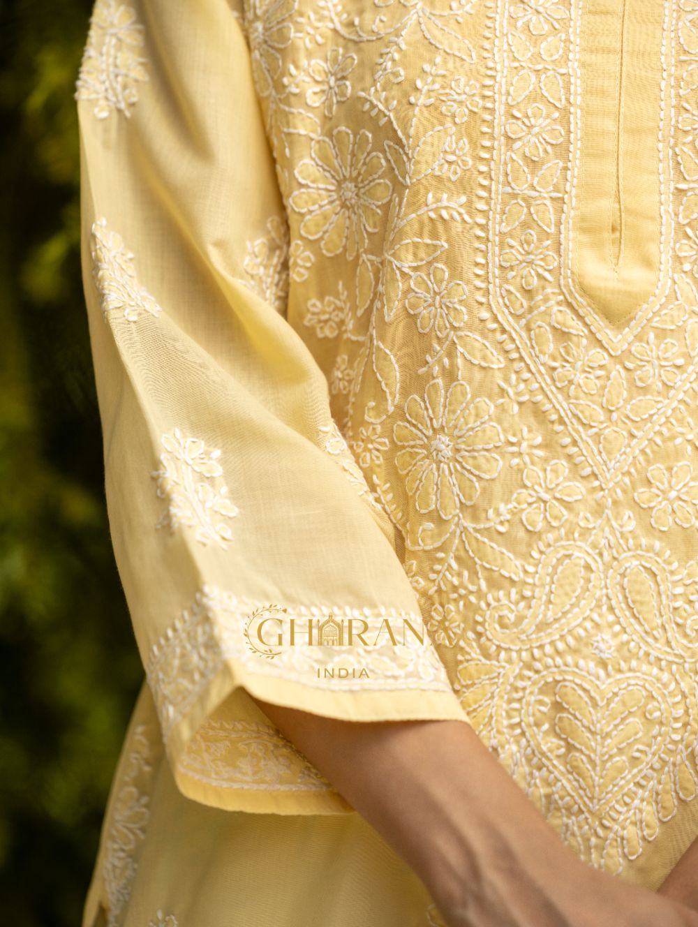 Gharana India Sahiba Chikankari Pastel Yellow Cotton Kurta With Bakhiya Work - Distacart