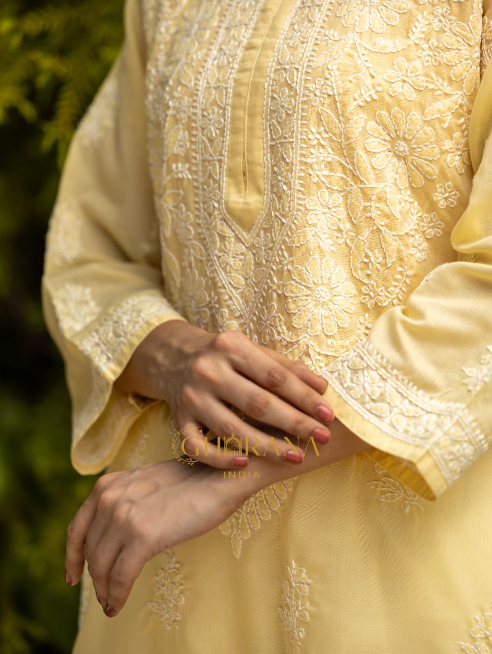 Gharana India Sahiba Chikankari Pastel Yellow Cotton Kurta With Bakhiya Work - Distacart