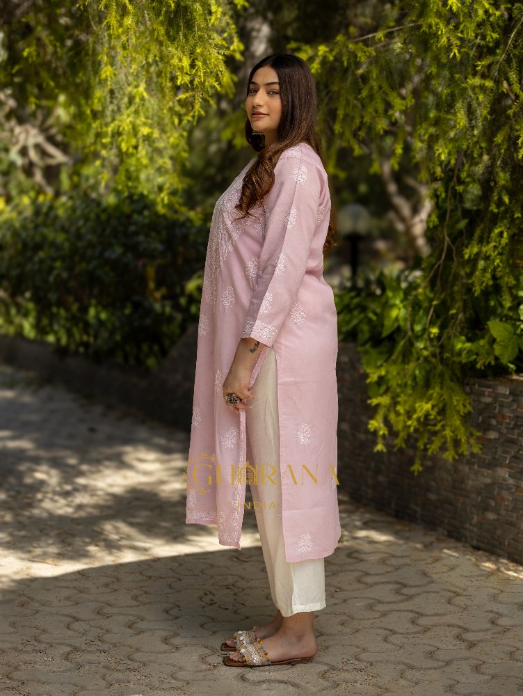 Gharana India Sahiba Chikankari Light Pink Cotton Kurta With Bakhiya Work - Distacart