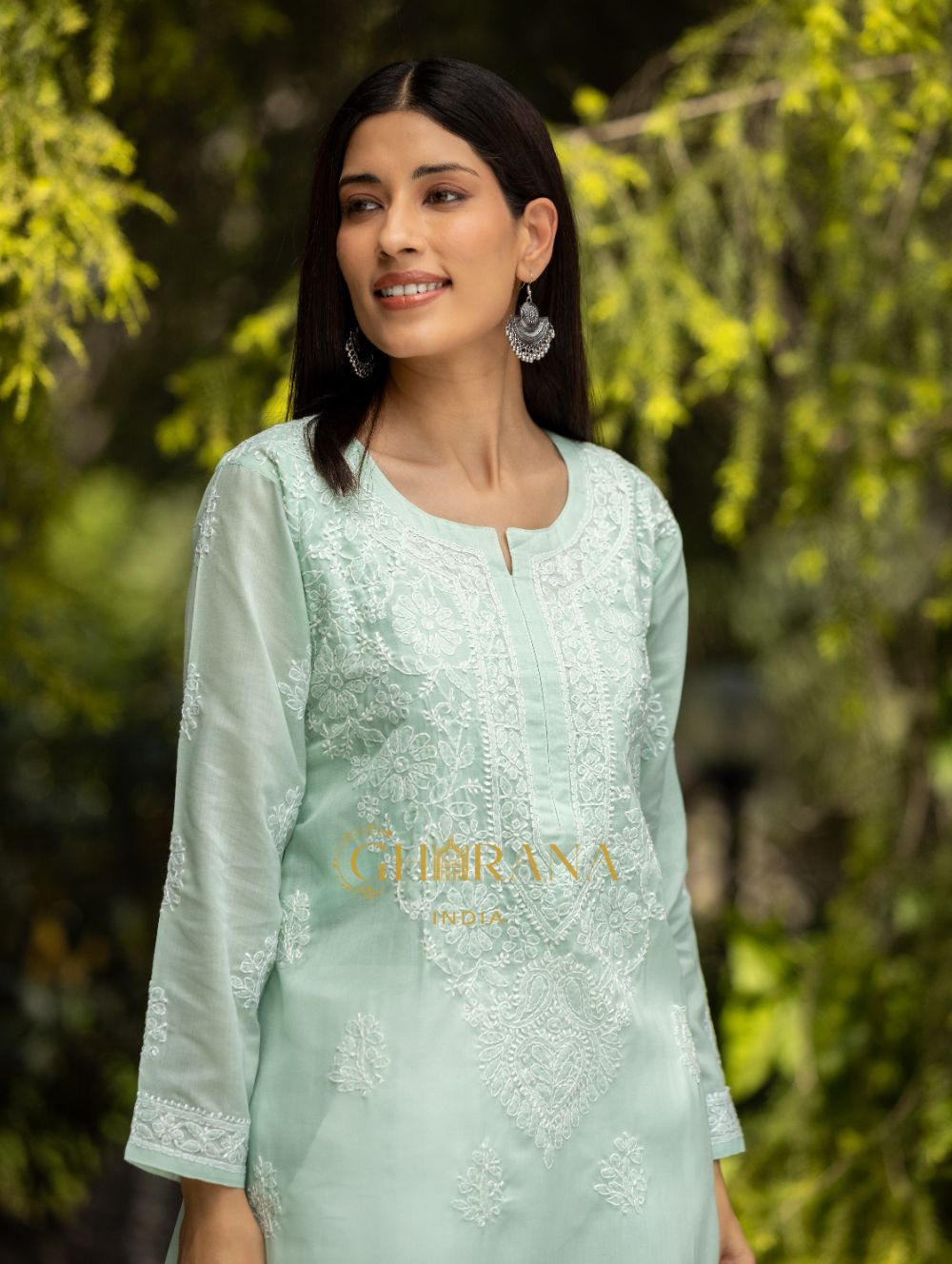 Gharana India Sahiba Chikankari Pastel Green Cotton Kurta With Bakhiya Work - Distacart