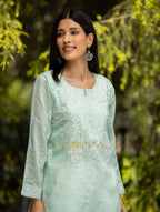 Gharana India Sahiba Chikankari Pastel Green Cotton Kurta With Bakhiya Work - Distacart