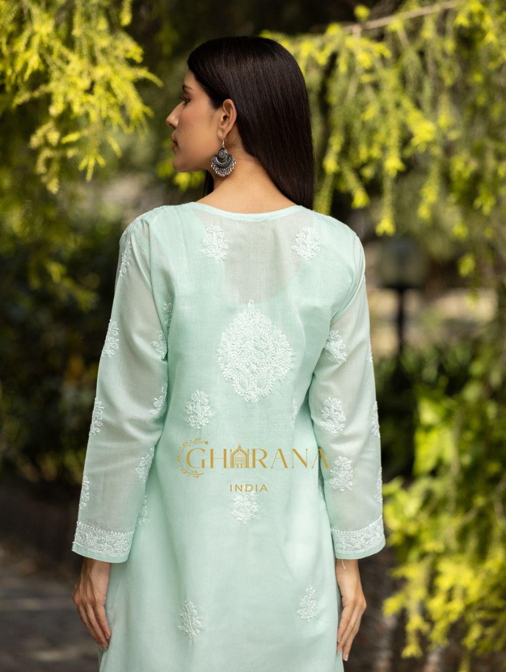 Gharana India Sahiba Chikankari Pastel Green Cotton Kurta With Bakhiya Work - Distacart