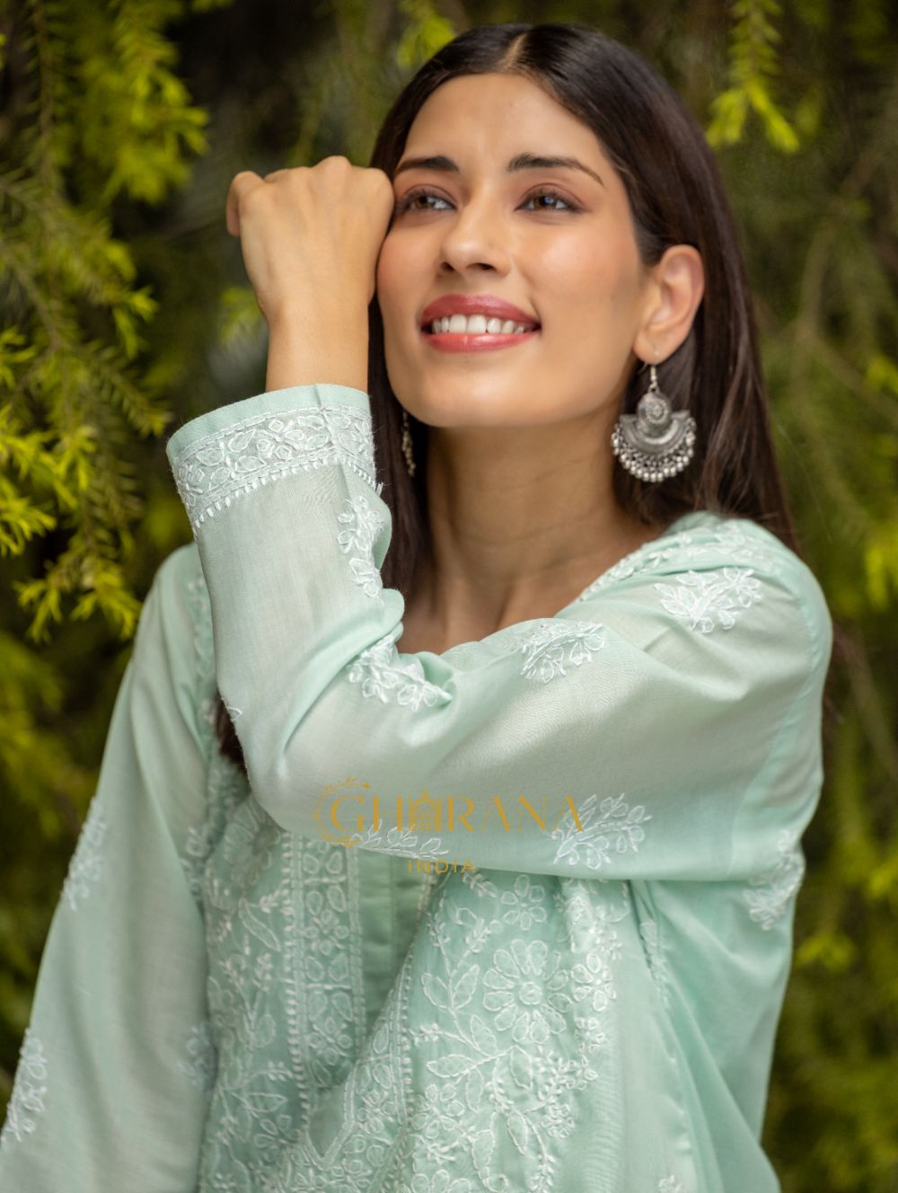 Gharana India Sahiba Chikankari Pastel Green Cotton Kurta With Bakhiya Work - Distacart