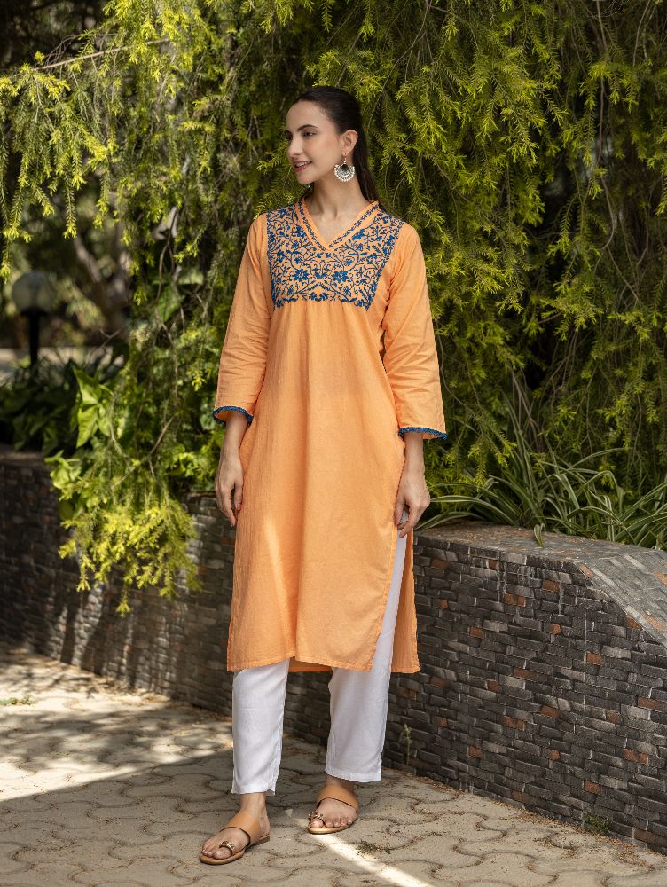 Gharana India Mul Cotton Blush Orange Kurta With Fine Chikankari In Blue Thread - Distacart