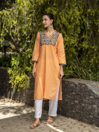 Gharana India Mul Cotton Blush Orange Kurta With Fine Chikankari In Blue Thread - Distacart