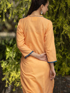 Gharana India Mul Cotton Blush Orange Kurta With Fine Chikankari In Blue Thread - Distacart