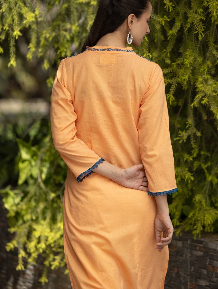 Gharana India Mul Cotton Blush Orange Kurta With Fine Chikankari In Blue Thread - Distacart