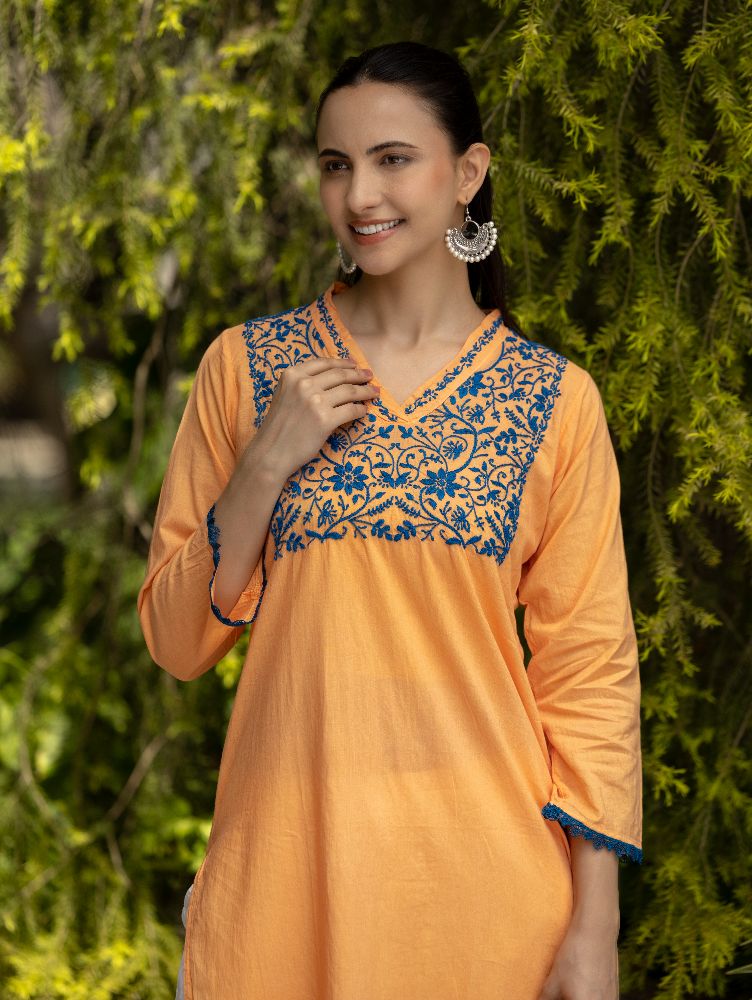 Gharana India Mul Cotton Blush Orange Kurta With Fine Chikankari In Blue Thread - Distacart