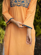 Gharana India Mul Cotton Blush Orange Kurta With Fine Chikankari In Blue Thread - Distacart