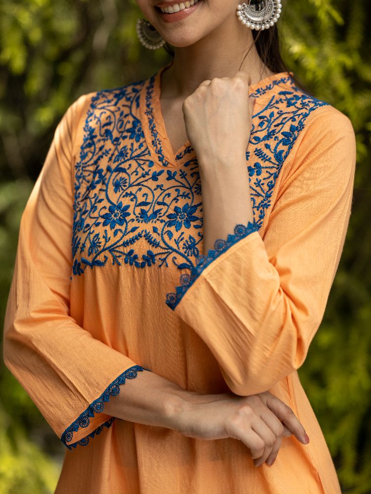 Gharana India Mul Cotton Blush Orange Kurta With Fine Chikankari In Blue Thread - Distacart