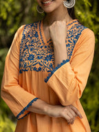 Gharana India Mul Cotton Blush Orange Kurta With Fine Chikankari In Blue Thread - Distacart